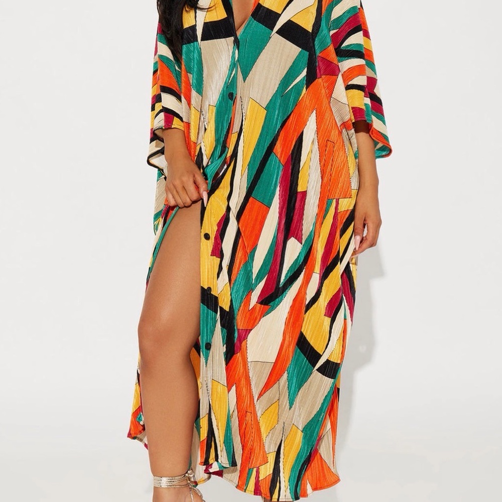 Fashion Nova Colorful Abstract Button-Front Maxi Dress